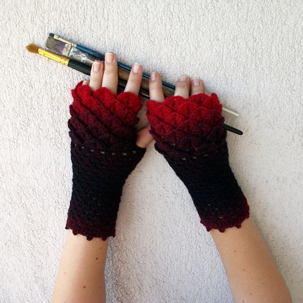 Fingerless gloves - black red Transitional Ombré mittens Khaleesi Dragon