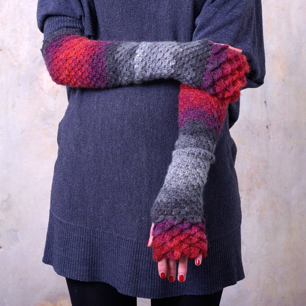 Fingerless gloves Extra long Arm warmers Winter gloves Handmade womens gloves Crocheted mittens - red orange burgundy grey Lacy womens glove