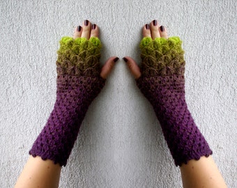 Fingerless gloves Fingerless mittens Winter gloves Arm warmers Handmade Womens gloves green purple ombre Gift for her Wool gloves