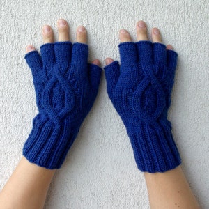 Mens Fingerless Gloves - blue Cable pattern  Gift For Him  half finger gloves