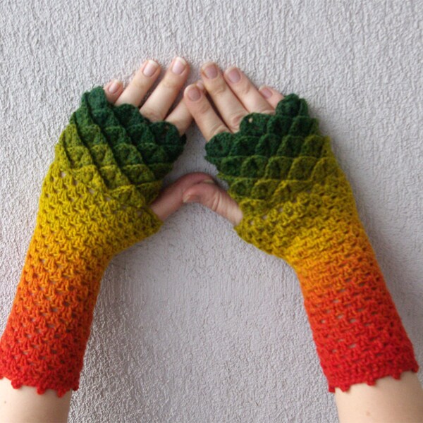 Fingerless gloves Crochet mittens cute arm warmers spring accessory - Rainbow multicolored dragon scale gloves Autumn mittens Winter gloves