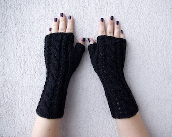 Knit Fingerless Gloves Mittens Women fingerless gloves Black Hand-knitted Cabled Wrist Warmers with shiny thread attachment.