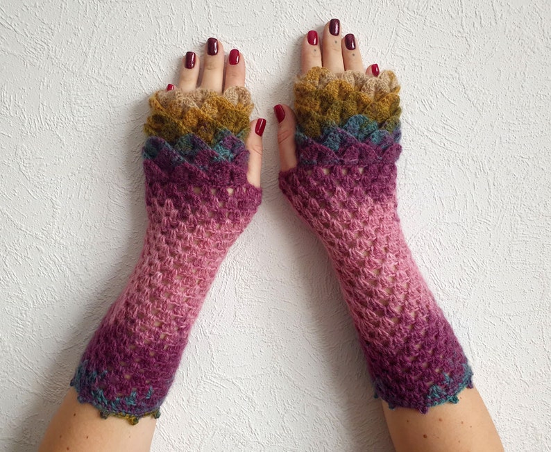 Fingerless Gloves Handmade Wrist Warmers Arm Warmers Mitts Lacy long mittens womens fingerless Dragons gloves image 2