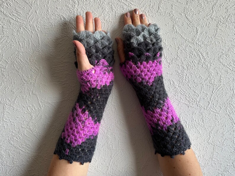 Fingerless gloves Long wrist warmers Steampunk gloves Grey Purple Goth arm warmers Womens gloves Handmade wrist warmers image 3