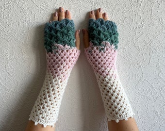 Dragon Scale Mohair Fingerless Gloves: Crochet Knit Arm Warmers