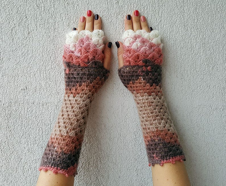 Fingerless gloves Wrist warmers Baselayer Scaled Fingerless mittens cute arm warmers in brown pink white Womens fingerless gloves Lacy glove image 1