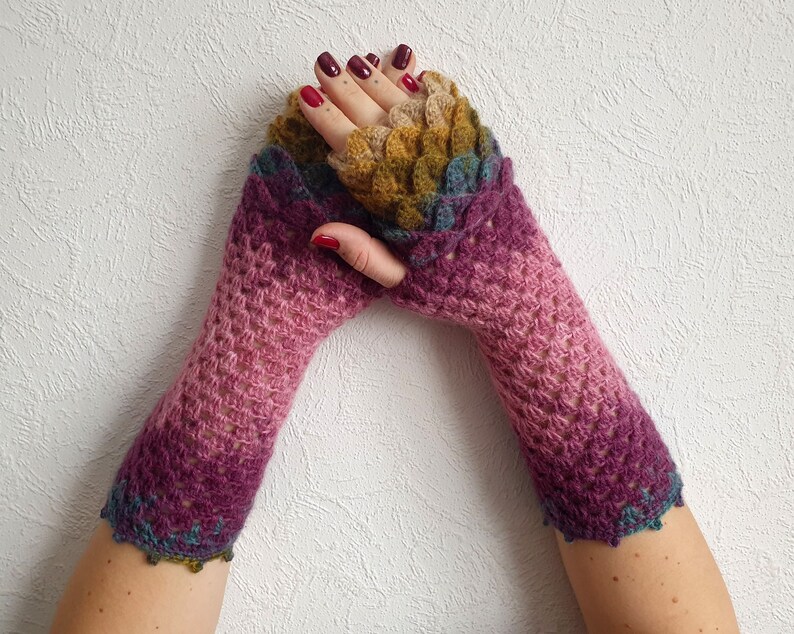 Fingerless Gloves Handmade Wrist Warmers Arm Warmers Mitts Lacy long mittens womens fingerless Dragons gloves image 1