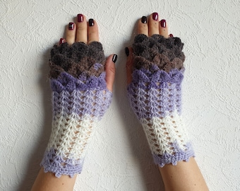 Dragon scale gloves Crochet wrist warmers Knit arm warmers Scaled fingerless mittens Long driving gloves Ladies winter gloves open finger