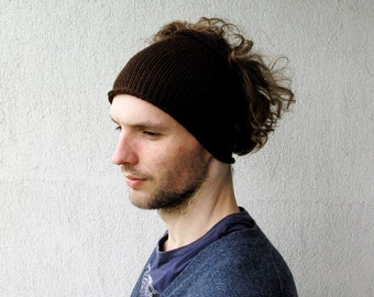 Knitted Mens Headband Guys knit hair wrap - brown guys fall accessory Mens dreadlock tube hat, plain hair wrap