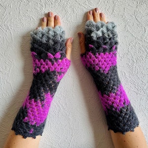 Fingerless gloves Long wrist warmers Steampunk gloves Grey Purple Goth arm warmers Womens gloves Handmade wrist warmers