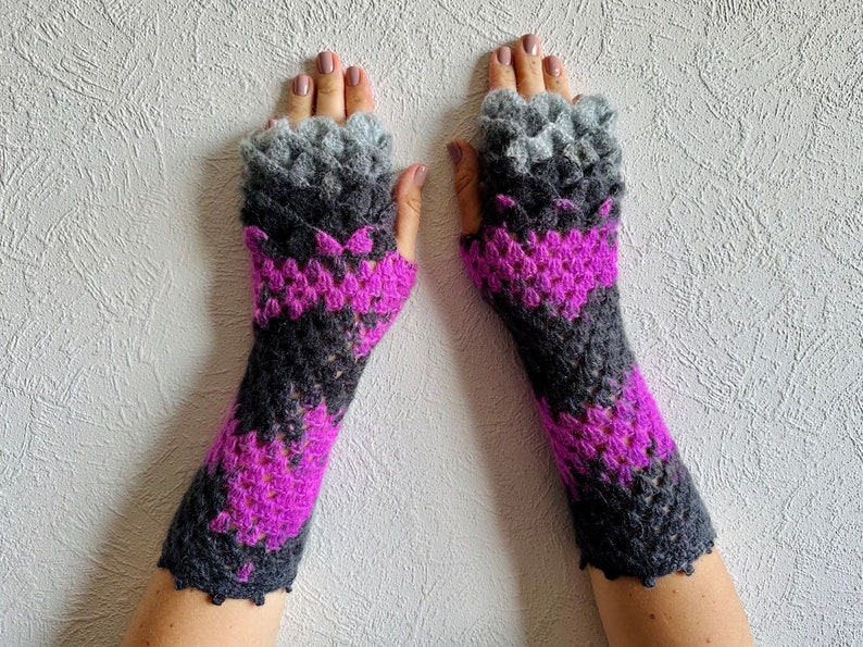 Fingerless gloves Long wrist warmers Steampunk gloves Grey Purple Goth arm warmers Womens gloves Handmade wrist warmers image 1