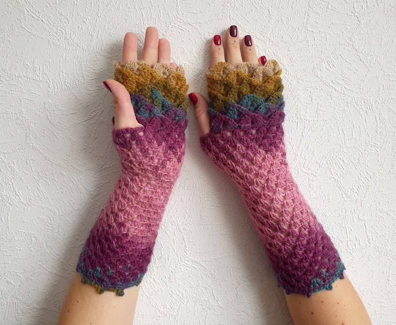 Fingerless Gloves Handmade Wrist Warmers Arm Warmers Mitts Lacy long mittens womens fingerless Dragons gloves image 3