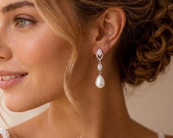 Boucles d'oreilles diamant et perle, boucles d'oreilles en argent, boucles d'oreilles de mariage, boucles d'oreilles de mariée, élégantes boucles d'oreilles en perles, cadeau de demoiselle d'honneur, cadeau de fête des mères