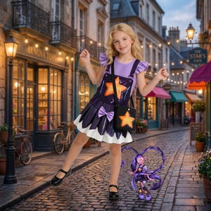 May include: A young girl wearing a purple and black dress with star accents, a matching purse, and black shoes. The dress has a white hem and a purple bow. A cartoon character with purple hair and a matching outfit stands nearby.