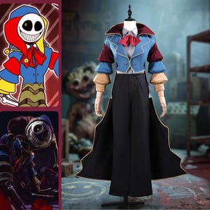 May include: A costume set featuring a light blue cropped jacket with dark red accents, a grey collared shirt with a red bow tie, and black trousers. The jacket has puffed sleeves with tan cuffs and gold trim. The ensemble includes a long black coat.