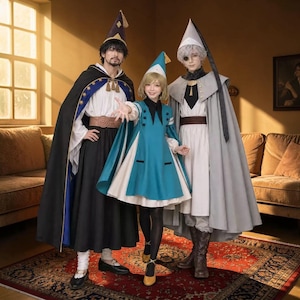 Può includere: Tre persone in costumi a tema fantasy. I costumi includono lunghi mantelli, cappelli a punta e abiti neri, blu, bianchi e grigi. I costumi hanno elementi decorativi e sono indossati con stivali e scarpe.
