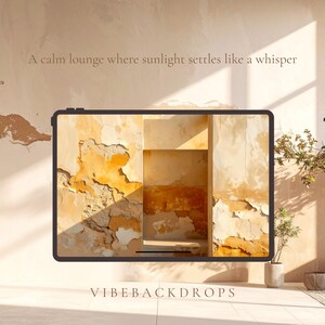 May include: A digital display showing a textured wall with a doorway, bathed in sunlight. The text "A calm lounge where sunlight settles like a whisper" is above the display. The bottom of the display shows the text "VIBEBACKDROPS".