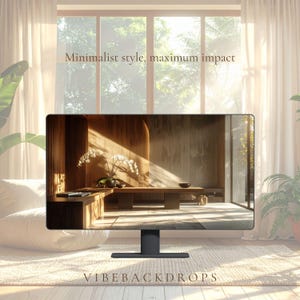 May include: A black monitor shows a minimalist interior scene with wooden features, orchids, and natural light. The text "Minimalist style, maximum impact" is above the screen. The brand name "VIBEBACKDROPS" is at the bottom.