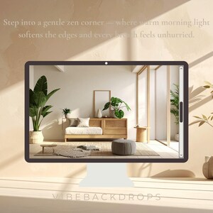 May include: A computer monitor displays a serene interior scene with a sofa, plants, and wooden furniture. The text on the screen reads, "Step into a gentle zen corner." The monitor sits on a white stand, with the brand name "VIBEBACKDROPS" at the bottom.