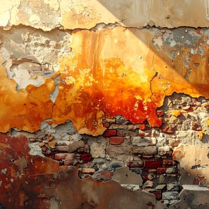 May include: A weathered wall with peeling paint and exposed brick. The wall's colors range from warm oranges and yellows to deep reds and browns, with areas of gray and white. A beam of sunlight casts a shadow across the top.