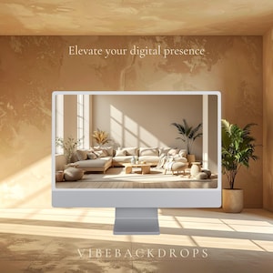 May include: A silver computer monitor displays a modern living room scene with a beige sofa, wooden coffee table, and potted plants. The text "Elevate your digital presence" is above the monitor, and "VIBEBACKDROPS" is below.