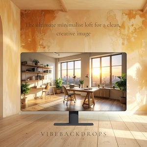 Op de afbeelding: Een computermonitor toont een minimalistisch kantoorinterieur met grote ramen en een stadsgezicht bij zonsondergang. De tekst op het scherm luidt: "Het ultieme minimalistische loft voor een schoon, creatief beeld." De monitor staat op een houten vloer.