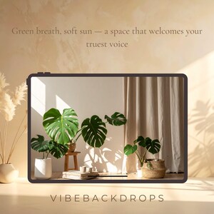 May include: A digital backdrop featuring a monstera plant with large green leaves, set against a neutral wall and curtain. The text reads "Green breath, soft sun — a space that welcomes your truest voice." The VIBEBACKDROPS logo is at the bottom.