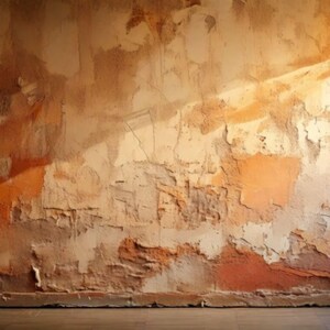 May include: A weathered wall with peeling paint in shades of brown, orange, and beige. The wall's texture is rough and uneven, with visible cracks and imperfections. The bottom of the image shows a wooden floor.