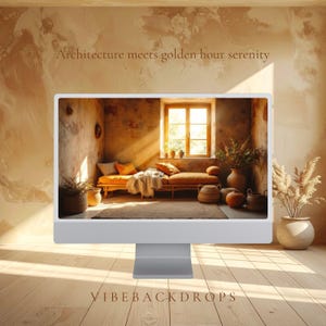 May include: A computer monitor displays a warm, inviting interior scene with a window, sofa, and decorative items. The text "Architecture meets golden hour serenity" is above the monitor. The brand name "VIBEBACKDROPS" is at the bottom.