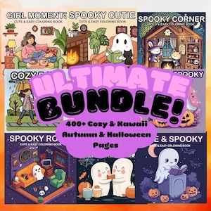 Puede incluir: Un paquete definitivo de libros para colorear con un tema acogedor y kawaii de otoño y Halloween. Las portadas presentan ilustraciones de fantasmas, calabazas y otros elementos espeluznantes. El texto del paquete dice "Ultimate Bundle! 400+ Cozy & Kawaii Autumn & Halloween Pages."