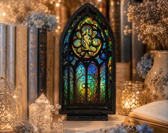 Fantasievolle boekenplankdecoratie – Magisch gotisch raam – Romantische leeshoekdecoratie – Cadeau voor boekenliefhebbers