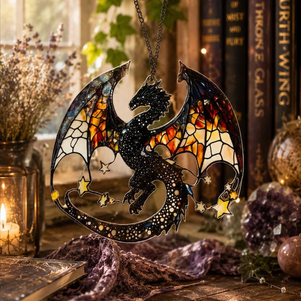 Atrapasueños de dragón 20 x 20 cm | Decoración de ventana de fantasía | Adorno colgante de dragón acrílico | Decoración de estantería | Regalo para fans de la fantasía