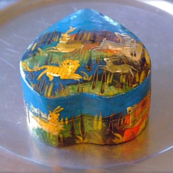 HandPainted Heart Trinket Box From India In Blue Red Yellow Gold Mustard Pink Colors