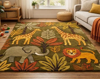 Hand Tufted Jungle Animal Rug, Safari Nursery Decor