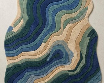 Abstract Wavy Irregular Rug – Blue Teal Tufted Area Carpet for Modern Home rug