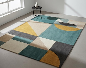 Mid-Century Modern Geometric Rug Teal & Mustard Abstract Area Carpet for Living Room  Bedroom
