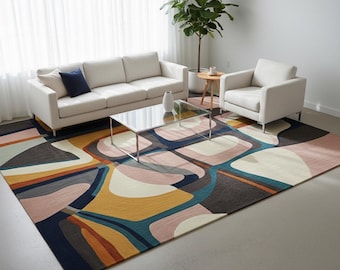 Moderner handgemachter Abstrakter Geometrischer Teppich - Bunter Tufted Wollteppich für Wohnzimmer & Schlafzimmer Dekor