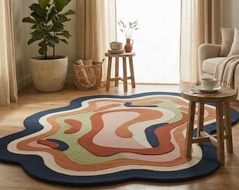 Abstract Irregular Rug | Retro Wavy Wool Carpet | Custom Organic Shape