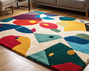 Colorful Abstract  Wool Rug | Modern Mid-Century Area Carpet | Handmade Textured Living Room Rug