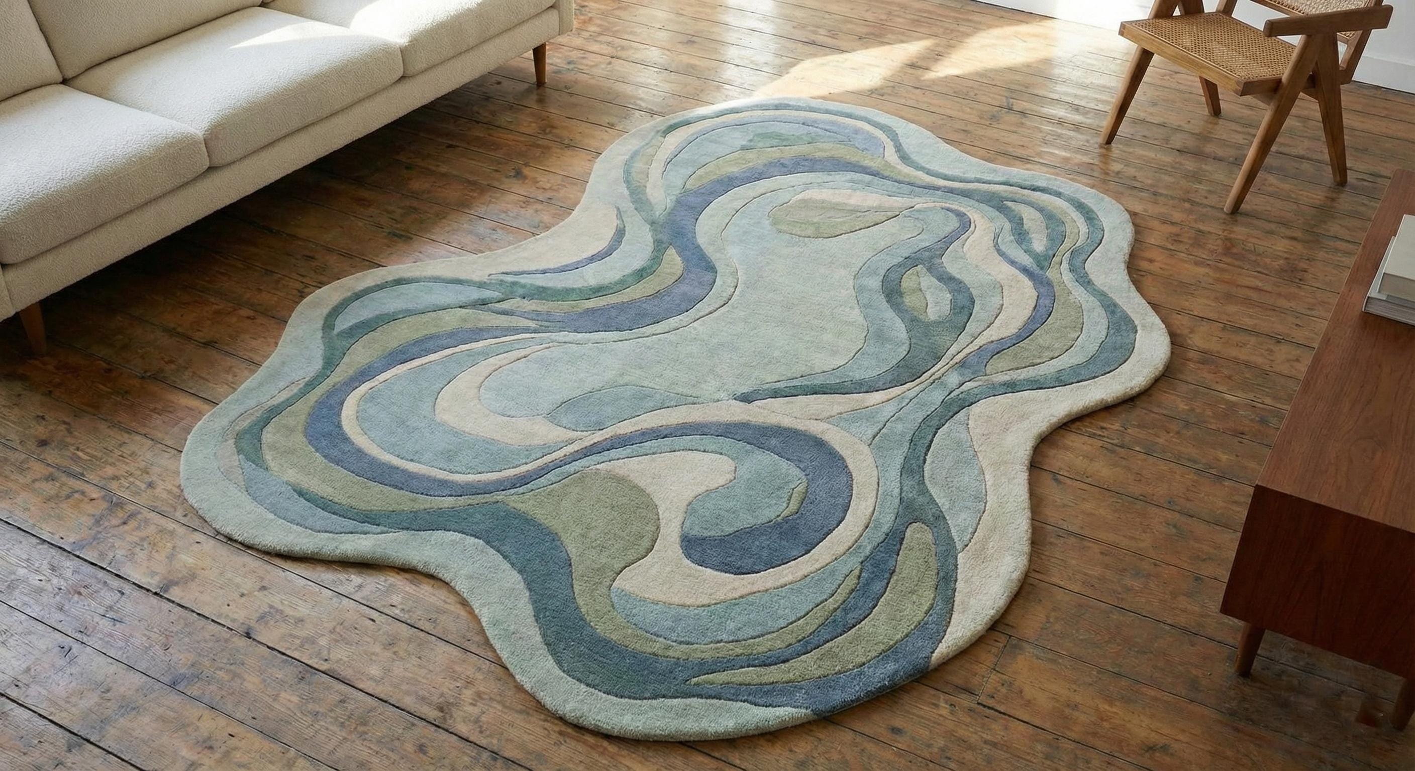Organic Wavy Wool Cotton Rug — Blue & Beige Abstract Irregular Shape - Etsy