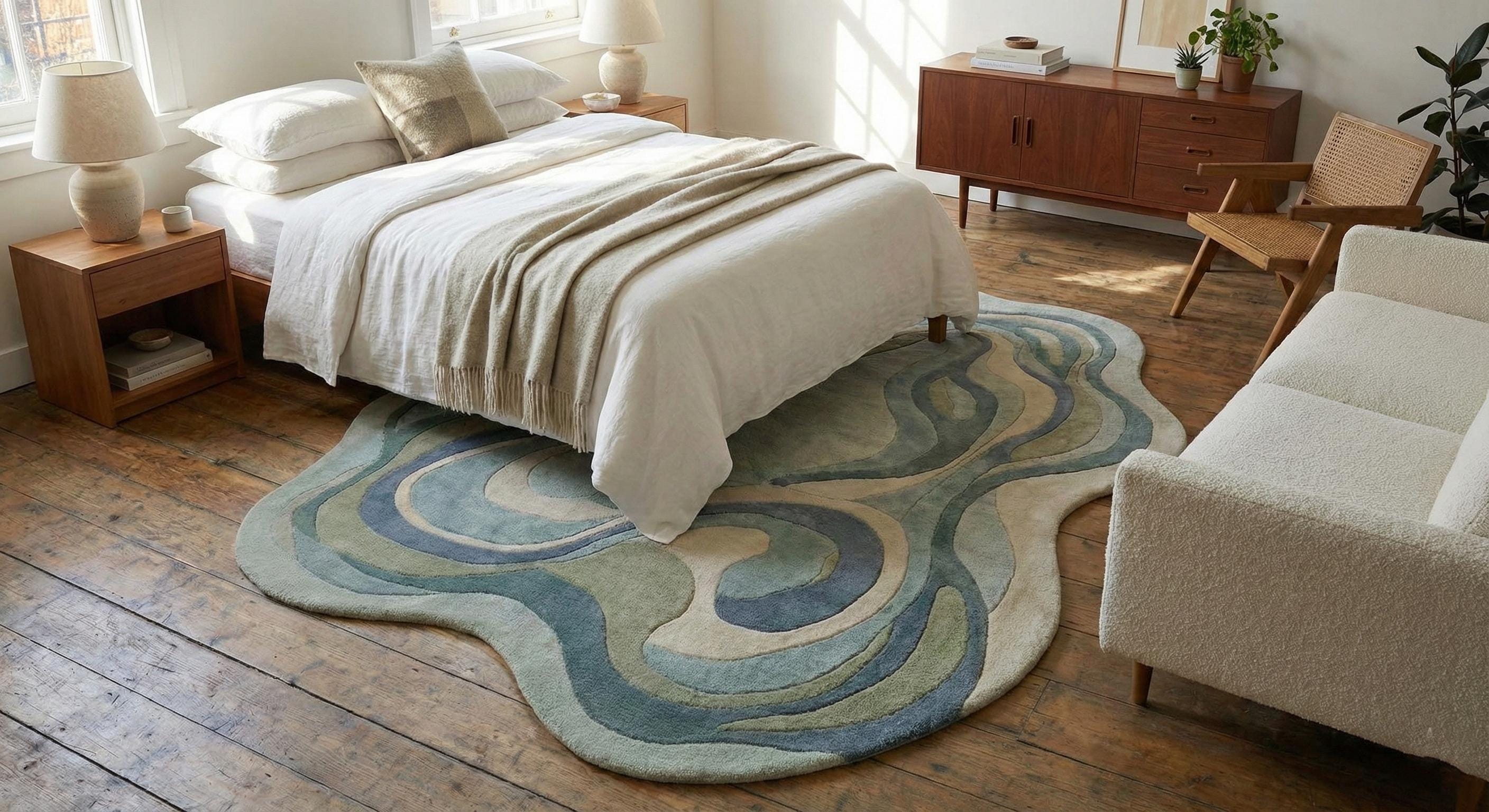 Organic Wavy Wool Cotton Rug — Blue & Beige Abstract Irregular Shape - Etsy