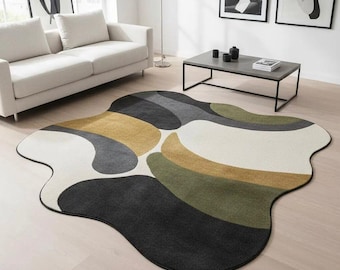Modern Abstract Area Rug – Irregular Shape, Green Black Beige
