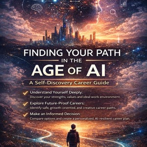 May include: A book cover with the title "Finding Your Path in the Age of AI." The image features a futuristic cityscape, a silhouette of a person, and text about self-discovery and AI-resistant careers. The cover is designed to guide readers.