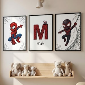 Spider-man thema muur kunst wordt afgedrukt set van 3 kinderkamer decor superheld aangepaste print peuter jongen digitale posters gepersonaliseerde naam jongens kamer decor