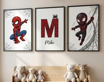 Spiderman Themed Wall Art Prints Set of 3 Nursery Decor Superhero Custom Print Toddler Boy Digital Posters Personalized Name Boys Room Decor