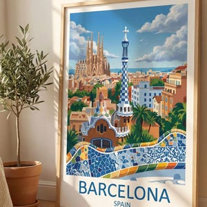 Puede incluir: Una impresi&oacute;n art&iacute;stica enmarcada que presenta una vibrante ilustraci&oacute;n de Barcelona, Espa&ntilde;a. La obra de arte muestra lugares emblem&aacute;ticos como la Sagrada Familia y el Park G&uuml;ell, con un cielo azul y edificios coloridos. La palabra "BARCELONA" se muestra en texto azul.