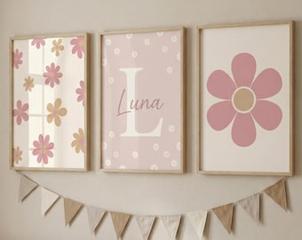 Custom Set of 3 Daisy Wall Art Prints Personalized Name Sign Girl Room Decor Floral Printable, Gallery Wall Art, Neutral Boho Nursery Decor