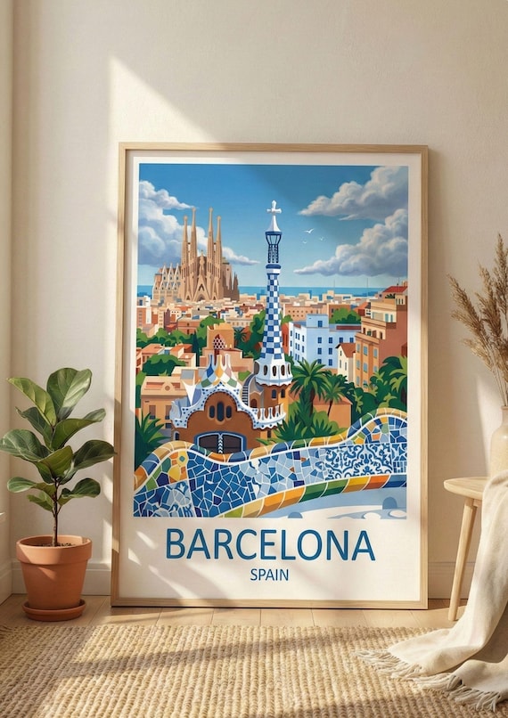 Barcelona Cityscape Travel Poster, Vibrant Spain Wall Art (Digital Download)