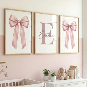 Custom Pink Bow Wall Art Set of 3 Prints Personalized Name Sign Girl Room Decor Watercolor Girly Art, Custom Name Print, Girls Nursery Decor