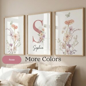 Arte personalizada para quarto de bebê com flores silvestres | Impressões com iniciais e nomes em estilo boho (Download digital)